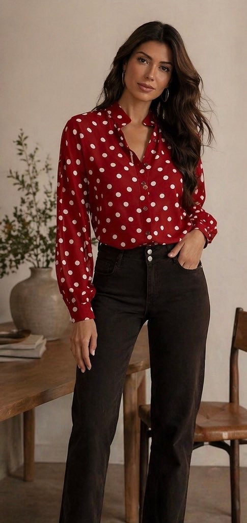 Chemise femme à pois transparente — Col chemisier, manches longues, chic