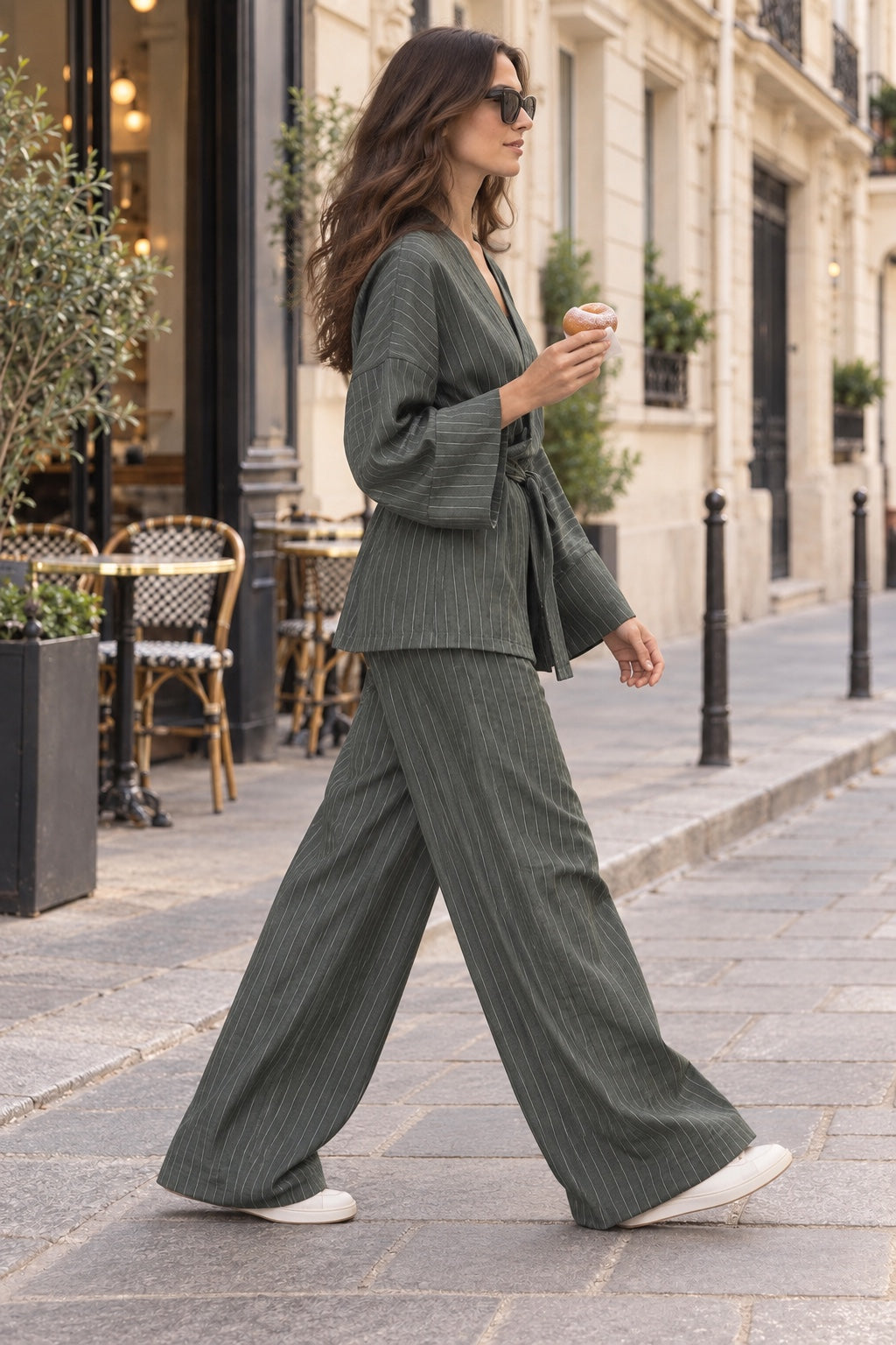Ensemble kimono femme rayé effet lin — Veste ceinturée + pantalon large