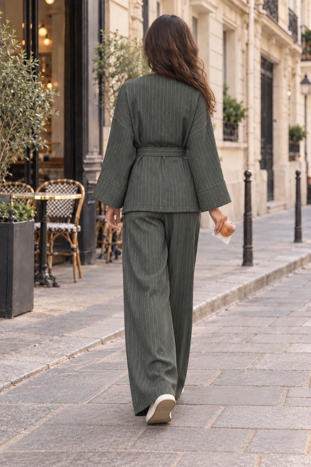 Ensemble kimono femme rayé effet lin — Veste ceinturée + pantalon large