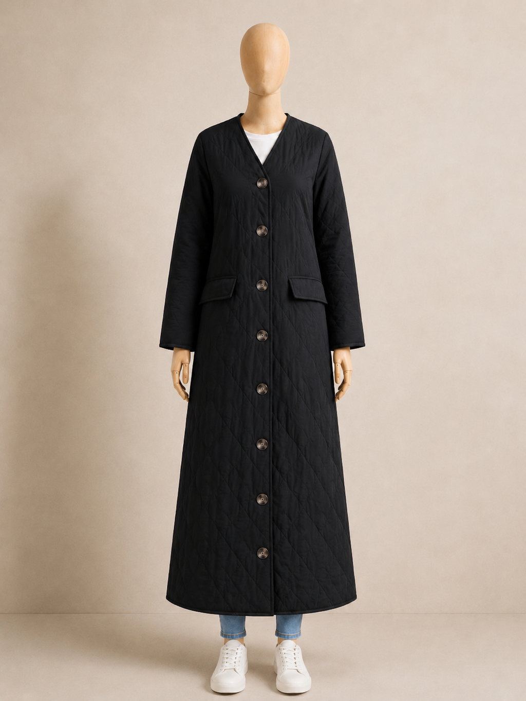 Manteau Matelassé Long Noir — Silhouette Oversize Premium