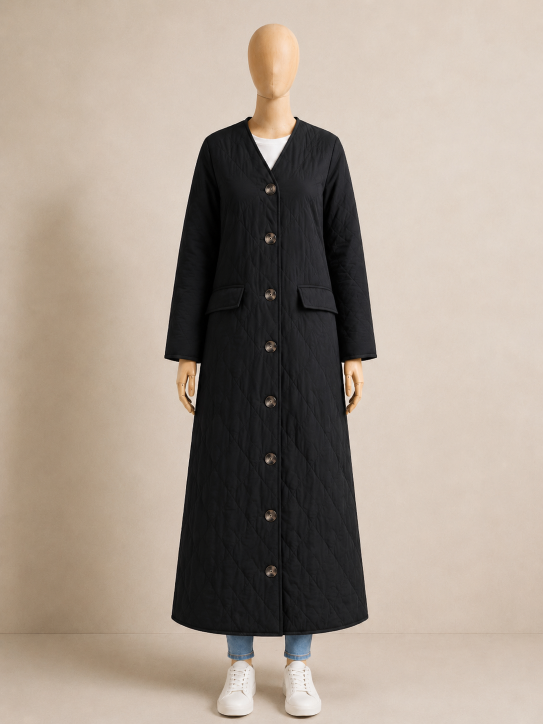 Manteau Matelassé Long Noir — Silhouette Oversize Premium