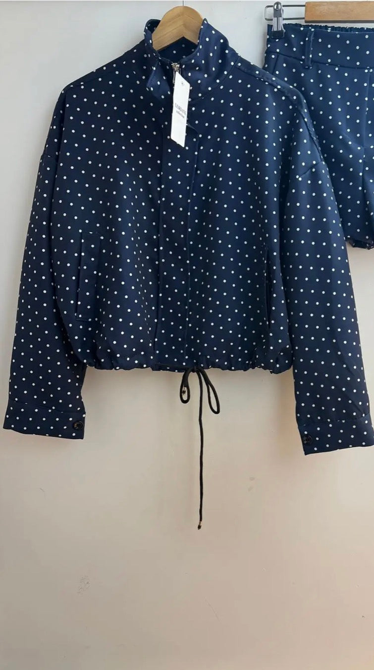 Veste à pois femme bleu marine — Col montant zippé, coupe ample mi-saison