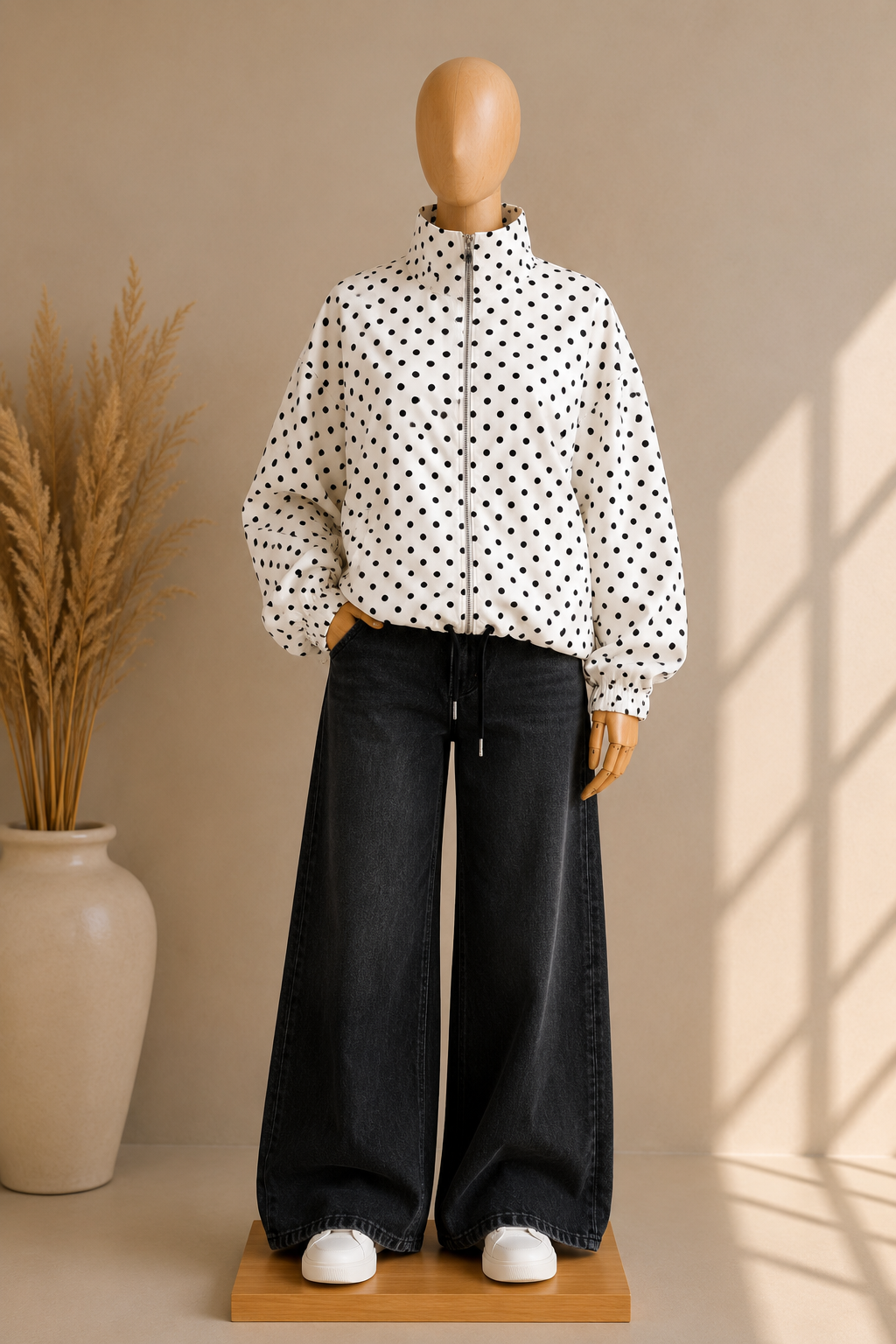 Veste Oversize Blanche à Pois Noirs – Coupe Élégante & Moderne