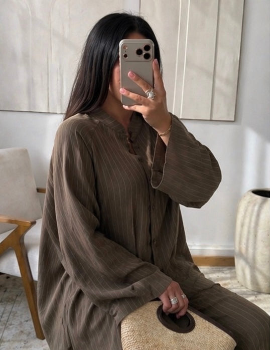 Ensemble oversize rayé femme — Chemise longue + pantalon large | Kaki & Noir