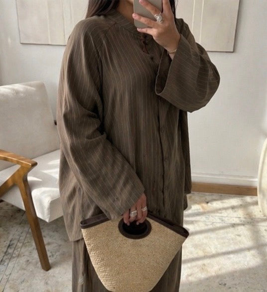 Ensemble oversize rayé femme — Chemise longue + pantalon large | Kaki & Noir