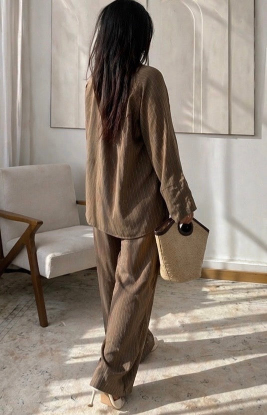 Ensemble oversize rayé femme — Chemise longue + pantalon large | Kaki & Noir