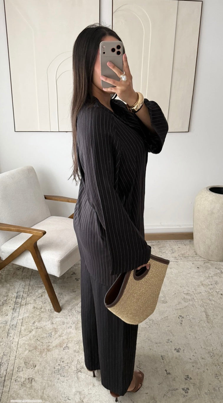 Ensemble oversize rayé femme — Chemise longue + pantalon large | Kaki & Noir
