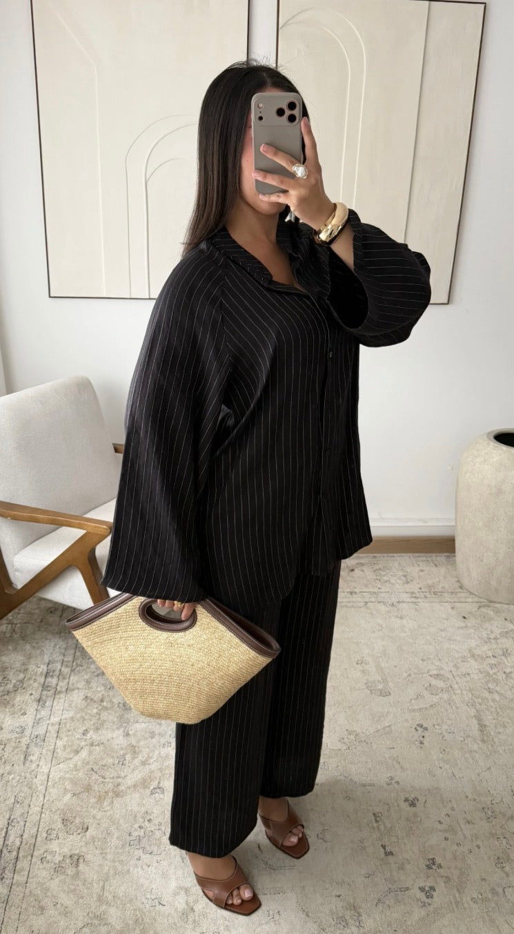 Ensemble oversize rayé femme — Chemise longue + pantalon large | Kaki & Noir