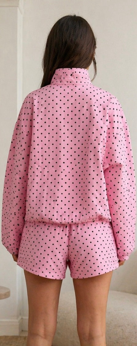 Ensemble veste + short femme rose à pois — Col montant zippé, mi-saison