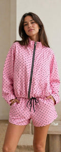 Ensemble veste + short femme rose à pois — Col montant zippé, mi-saison