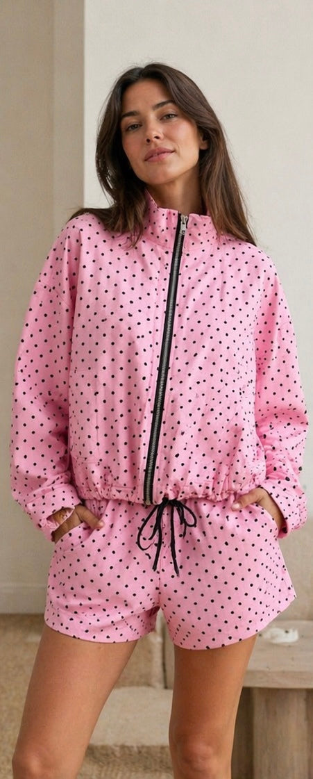 Ensemble veste + short femme rose à pois — Col montant zippé, mi-saison