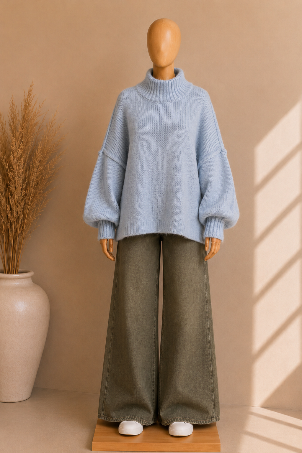 Pull AWA Oversize en Laine — Bleu Ciel & Rose Poudré | Coupe Ample Élégante