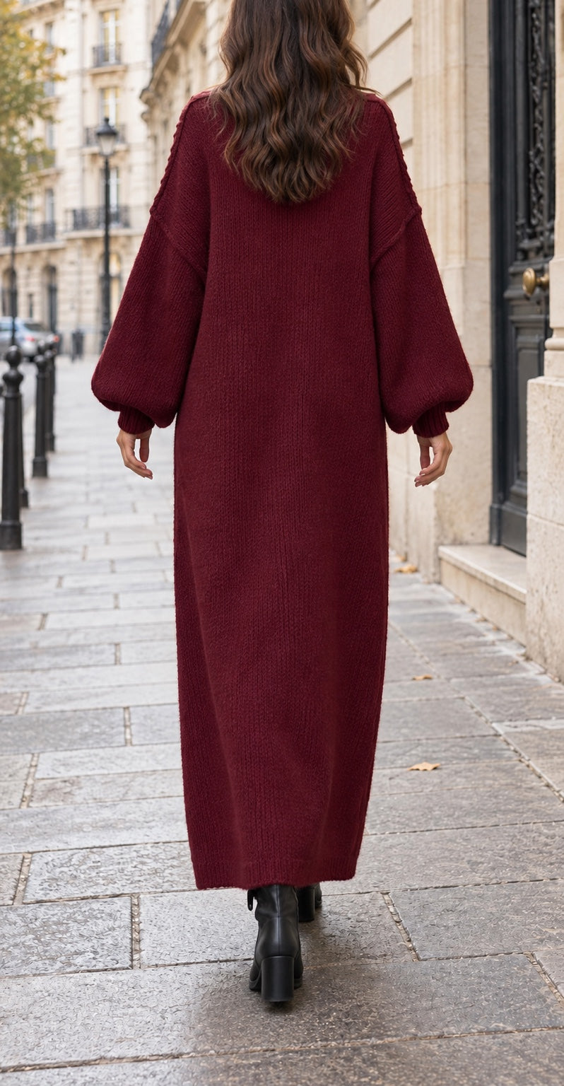 Robe pull longue oversize femme bordeaux — Laine & viscose, Made in Italy
