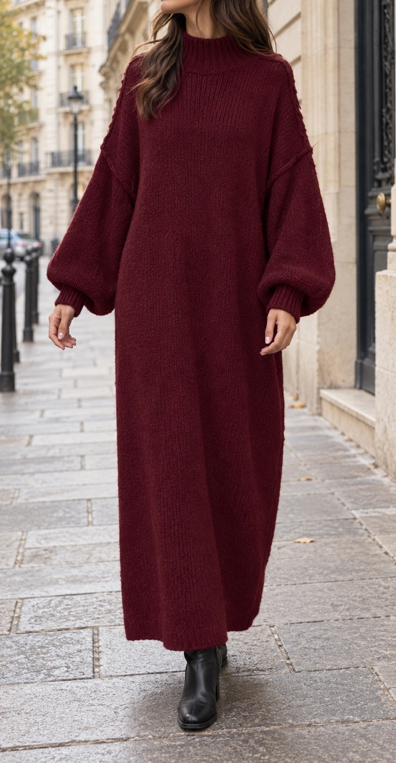 Robe pull longue oversize femme bordeaux — Laine & viscose, Made in Italy