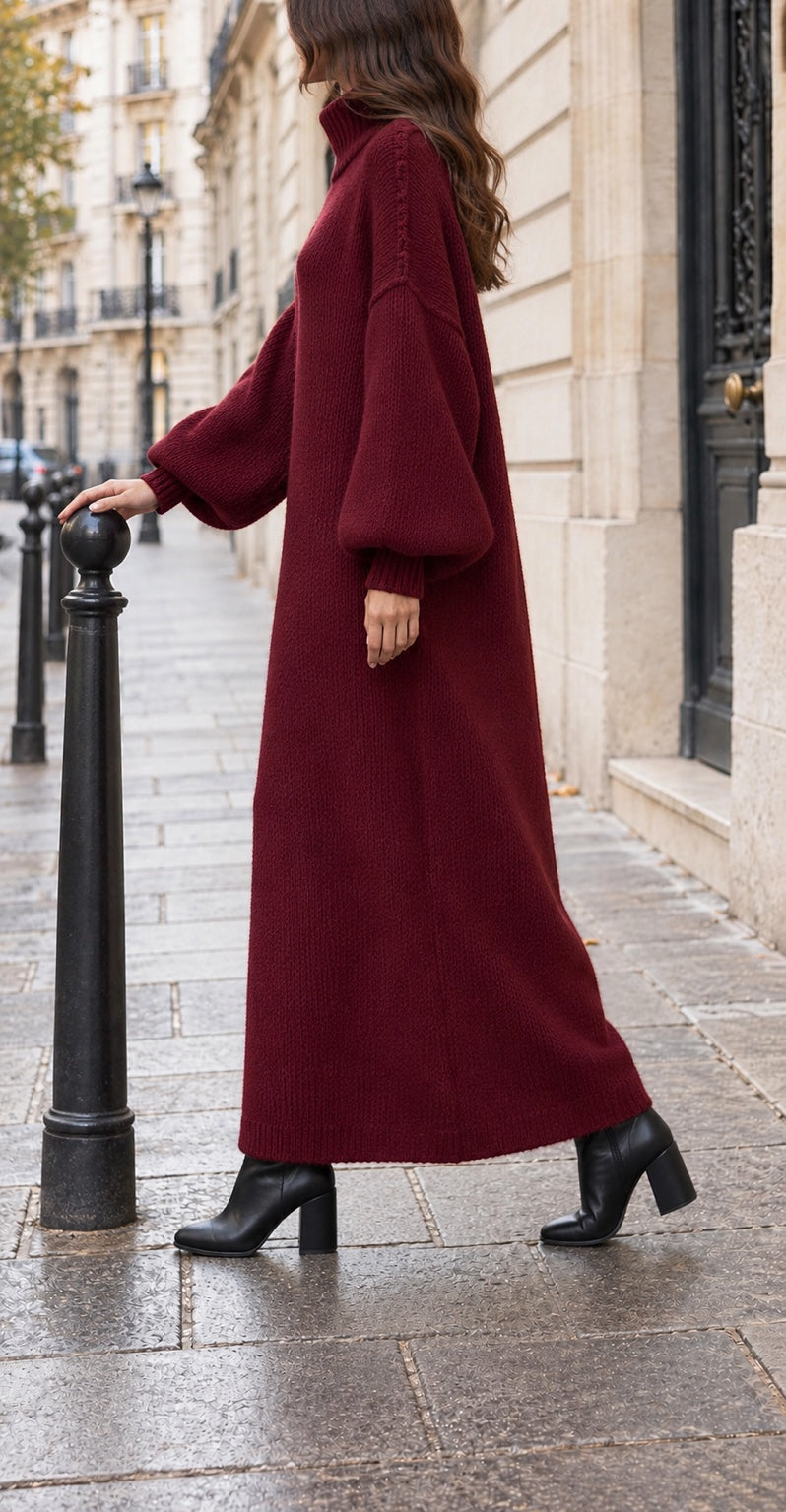 Robe pull longue oversize femme bordeaux — Laine & viscose, Made in Italy