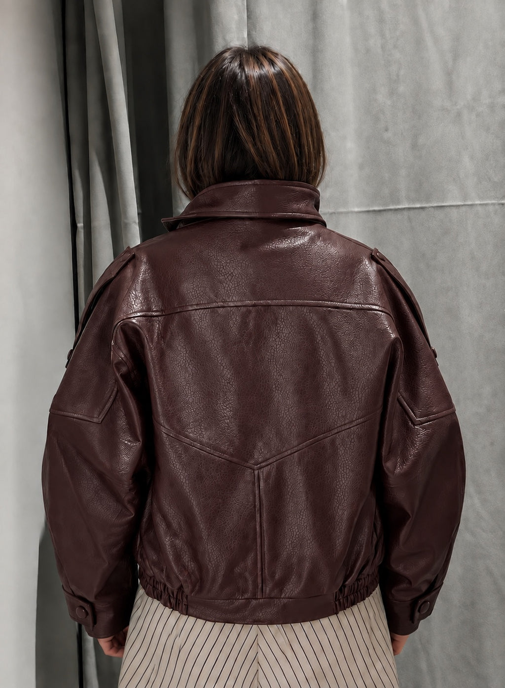 Veste oversize similicuir femme — Col montant, marron foncé & bordeaux | Taille S