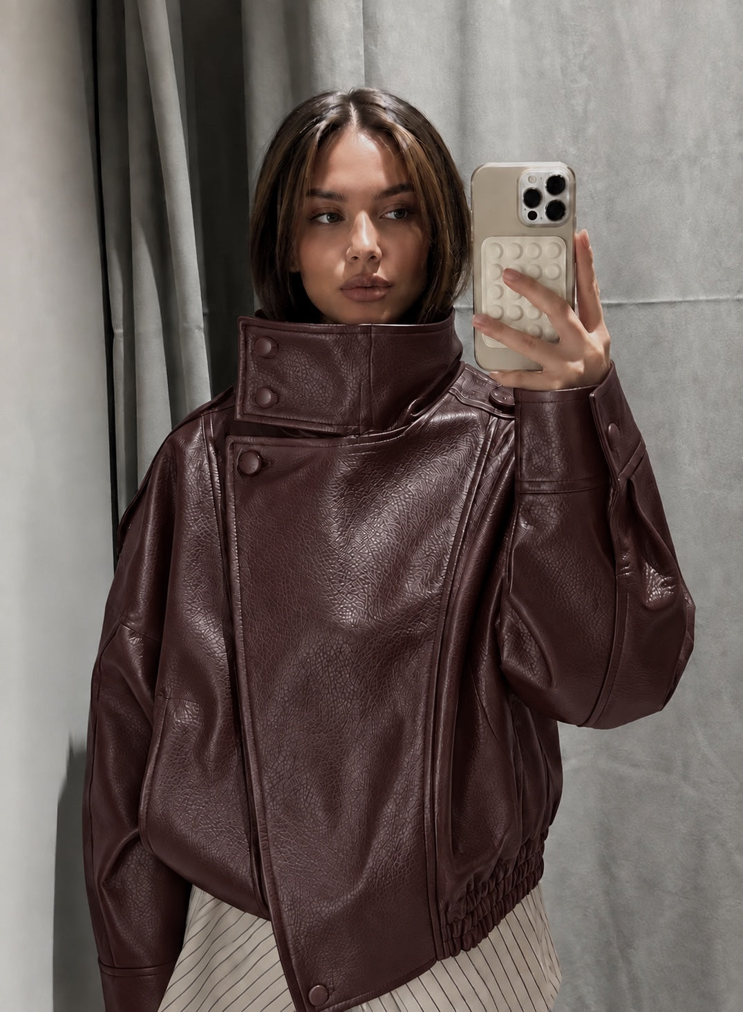 Veste oversize similicuir femme — Col montant, marron foncé & bordeaux | Taille S