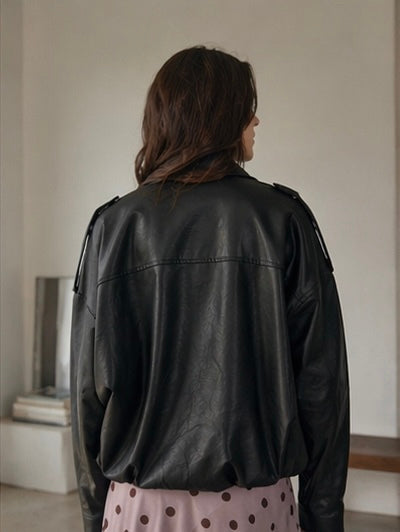 Veste similicuir femme noire oversize — Col modulable, Made in Italy