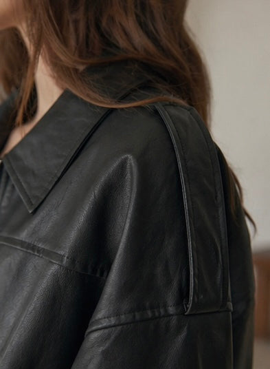 Veste similicuir femme noire oversize — Col modulable, Made in Italy